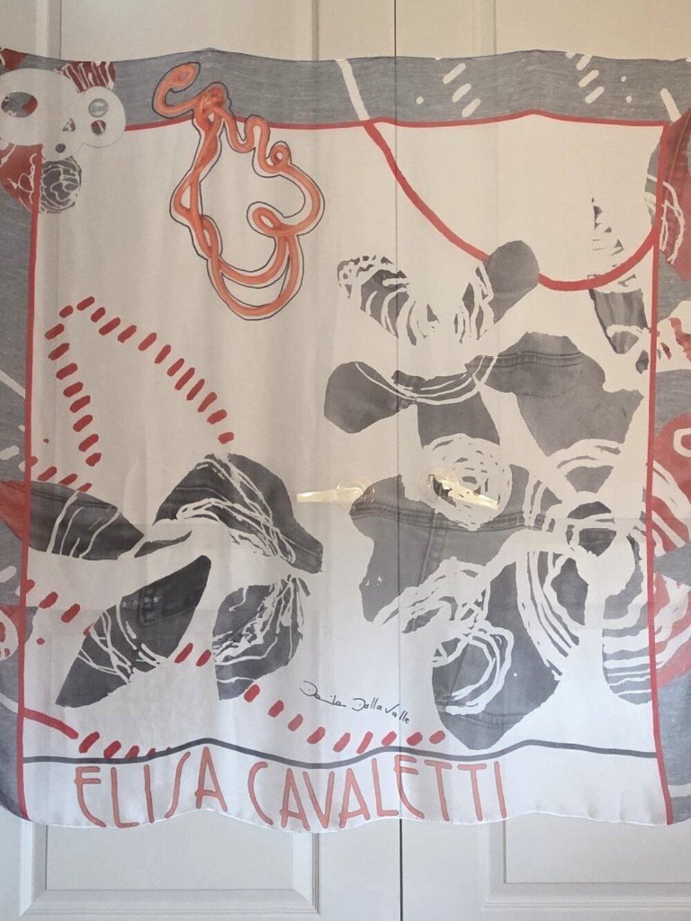 ELISA CAVALETTI RED, WHITE AND GRAY SILK SCARF